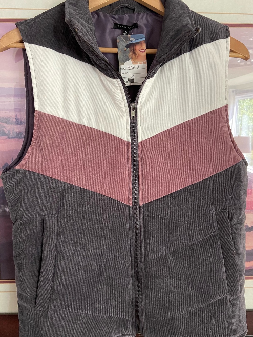 Staccato Gray, Mauve & White Puffer Vest - Medium - New with Tag
